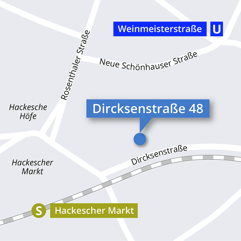 Lageplan Dircksenstraße 48 mit dem nahen ÖPNV: S Hackescher Markt und U Weinmeisterstraße